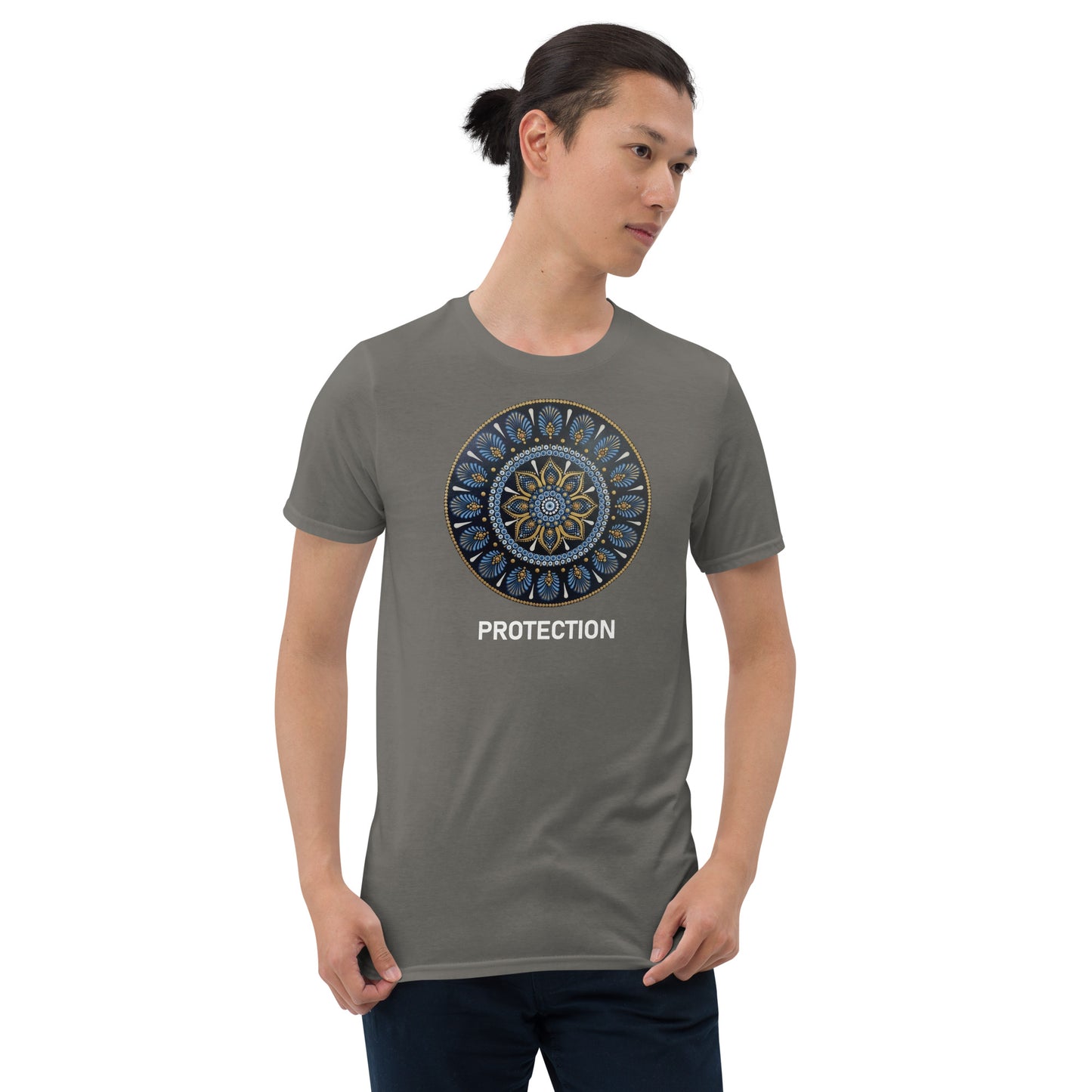 Unisex Softstyle T-Shirt (mandala with gold outer rim | on front | PROTECTION in white lettering)