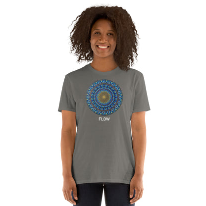 Unisex Softstyle T-Shirt (mandala with golden core | on front | FLOW in white lettering)