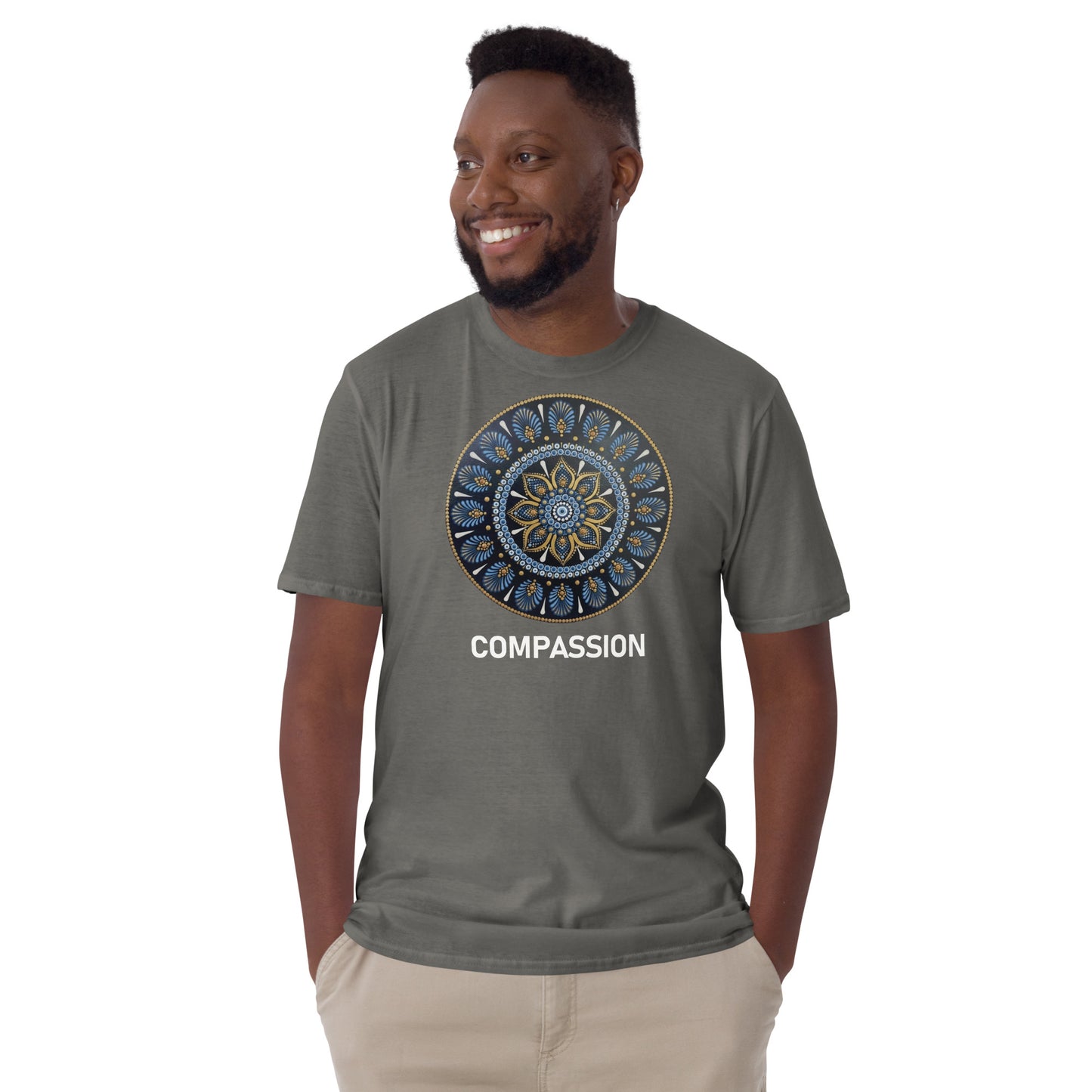 Unisex Softstyle T-Shirt (mandala with gold rim | on front | COMPASSION in white lettering)