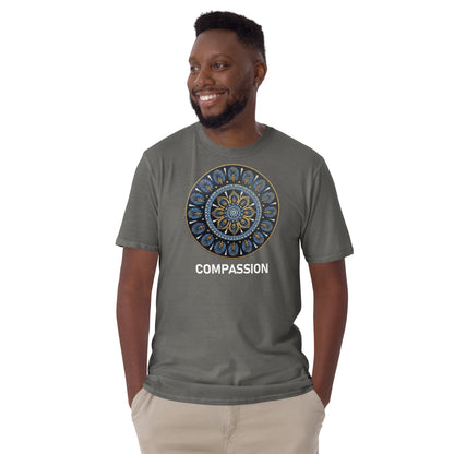 Unisex Softstyle T-Shirt (mandala with gold rim | on front | COMPASSION in white lettering)
