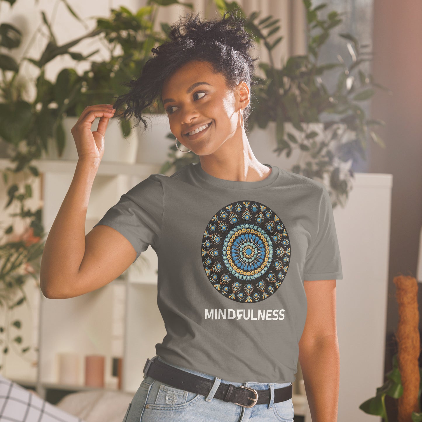 Unisex Softstyle T-Shirt (mandala with blue dots and black back | on front | MINDFULNESS in white lettering)