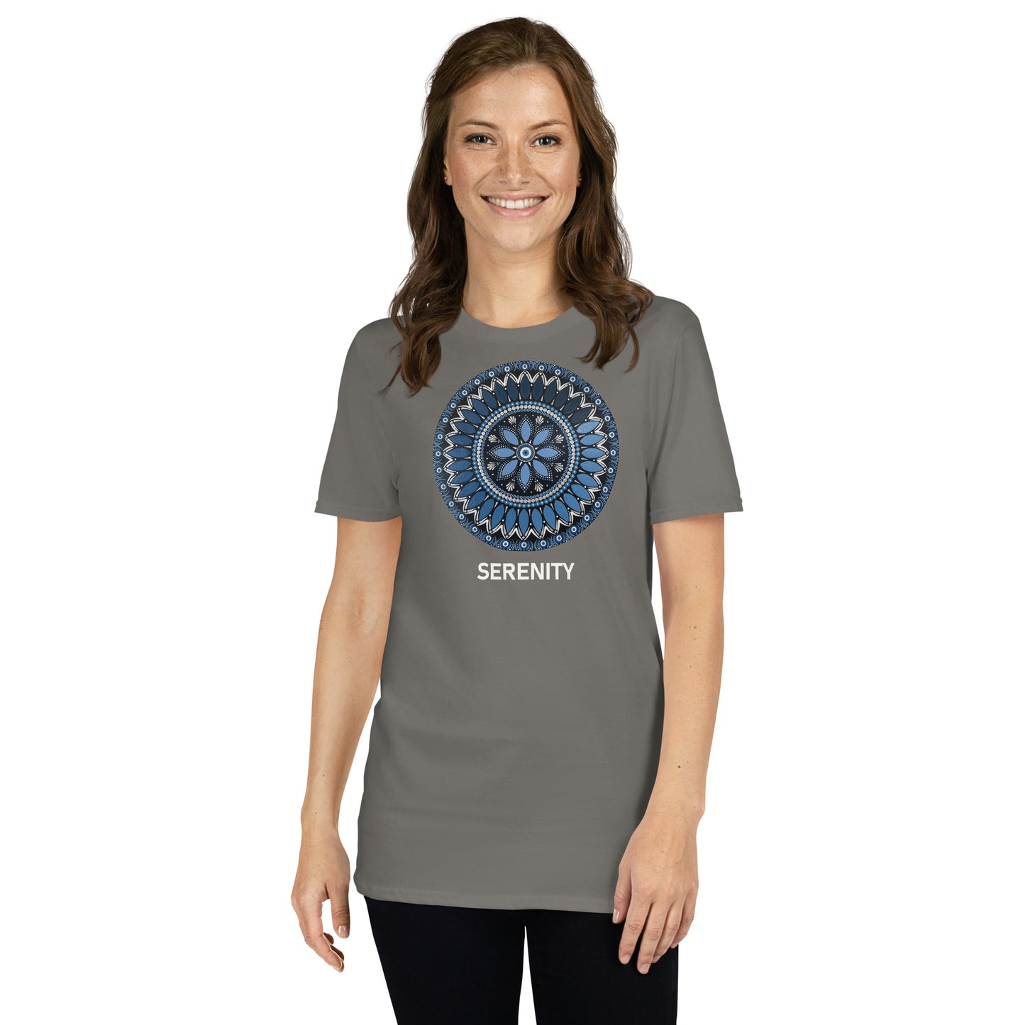Unisex Softstyle T-Shirt (mandala with blue and white core | on front | SERENITY in white lettering)