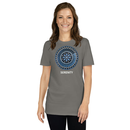 Unisex Softstyle T-Shirt (mandala with blue and white core | on front | SERENITY in white lettering)