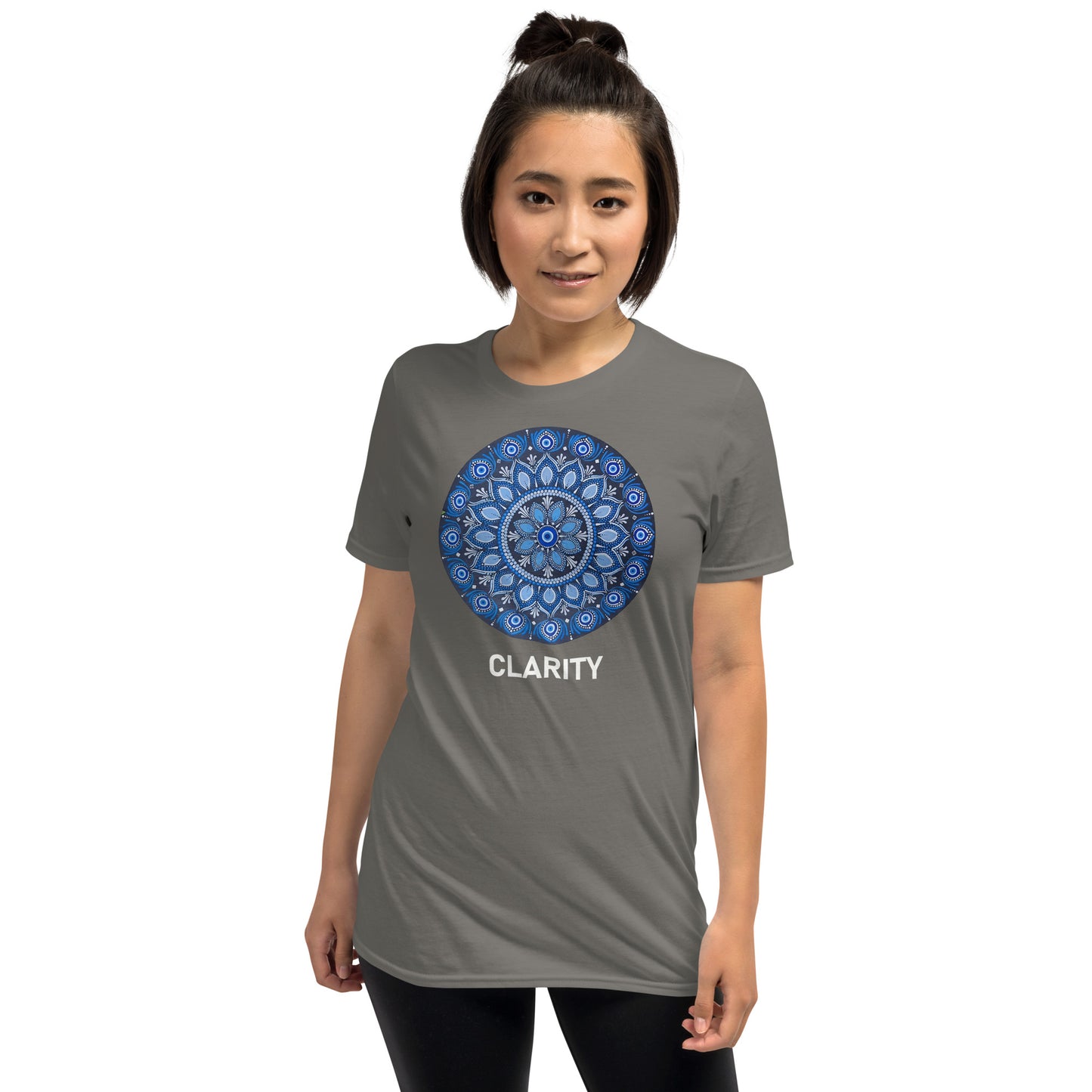 Unisex Softstyle T-Shirt (all blue mandala | on front | CLARITY in white lettering)