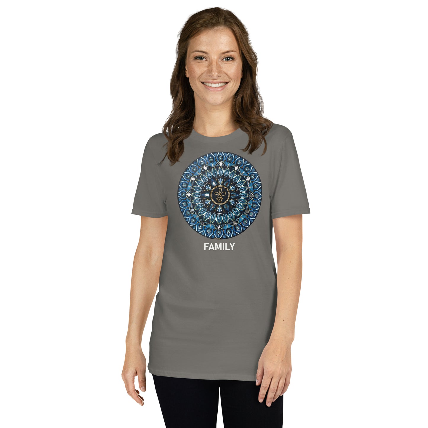Unisex Softstyle T-Shirt (mandala with 3 loops in core | on front | FAMILY in white lettering)