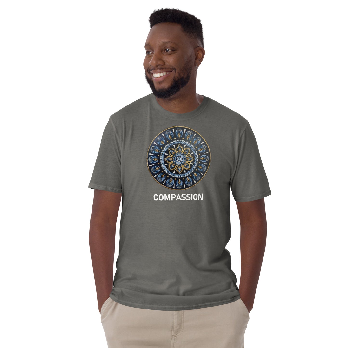 Unisex Softstyle T-Shirt (mandala with gold rim | on front | COMPASSION in white lettering)