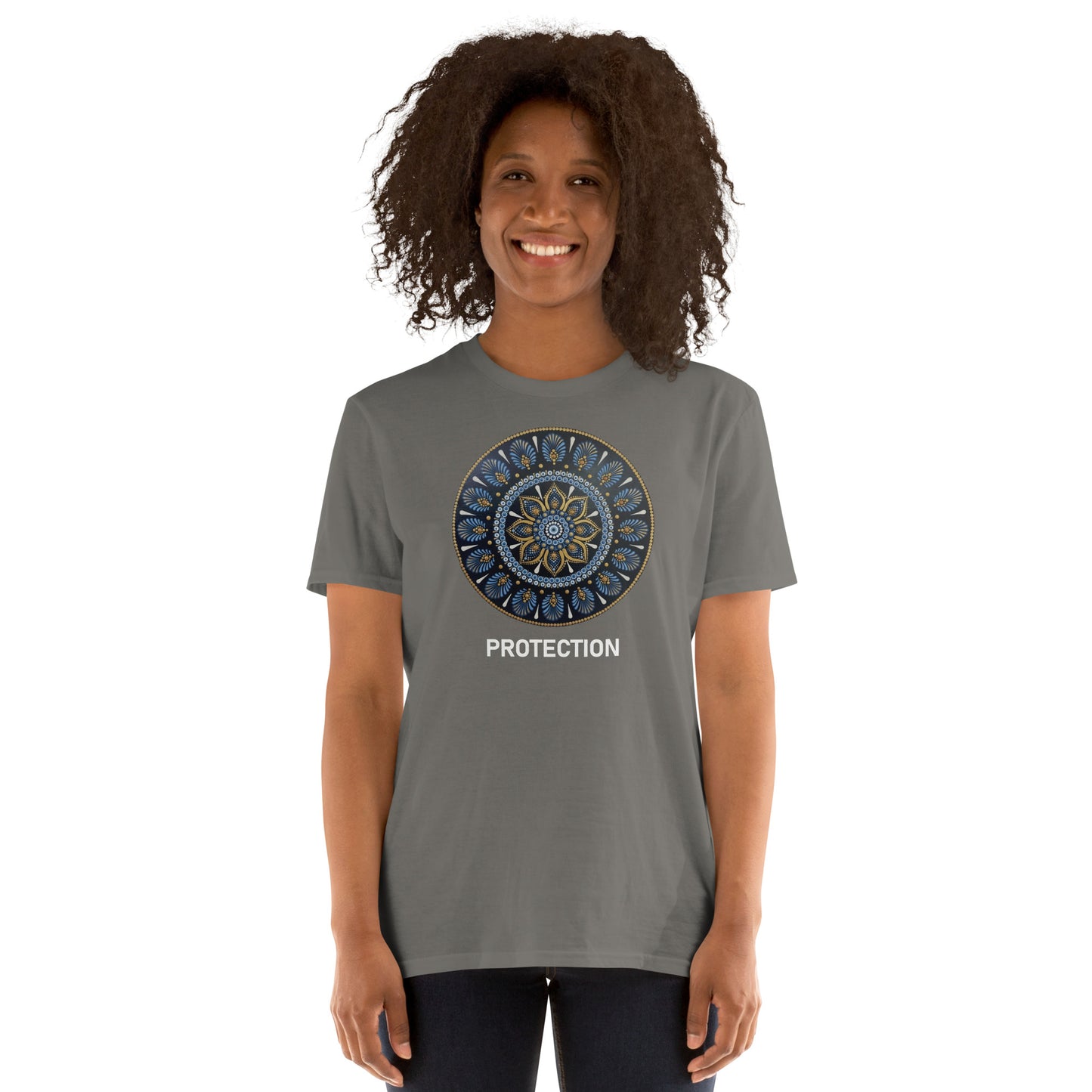 Unisex Softstyle T-Shirt (mandala with gold rim | on front | PROTECTION in white lettering)