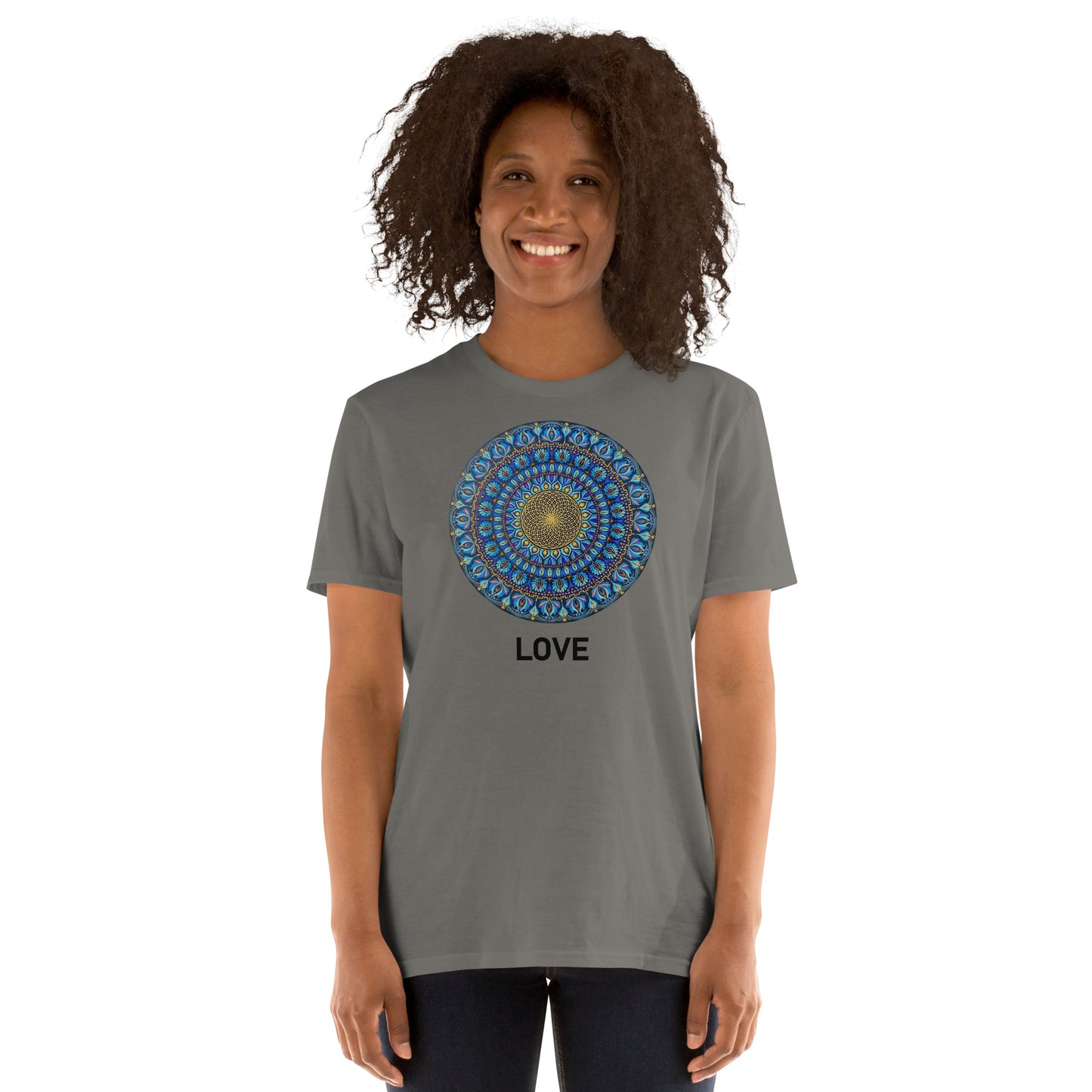 Unisex Softstyle T-Shirt (mandala with golden core | on front | LOVE in black lettering)