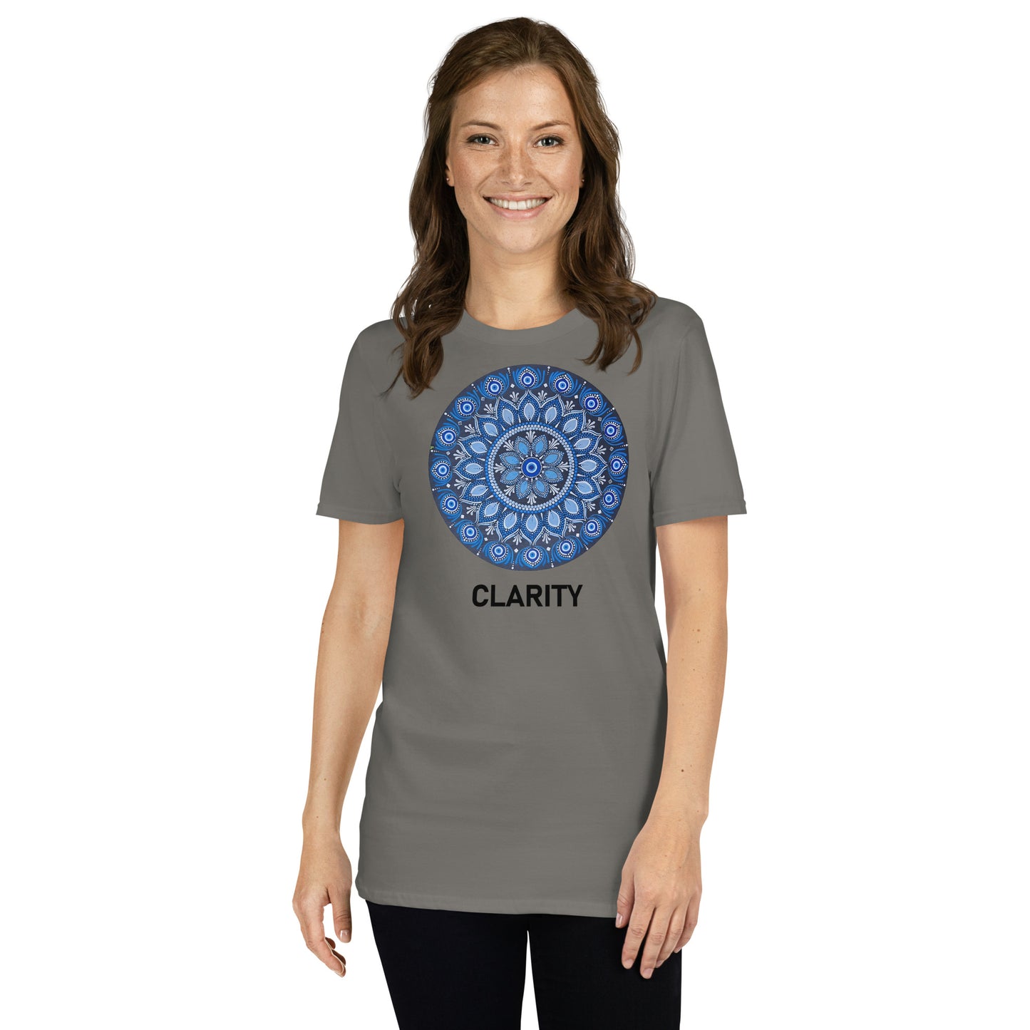 Unisex Softstyle T-Shirt (all blue mandala | on front | CLARITY in black lettering)