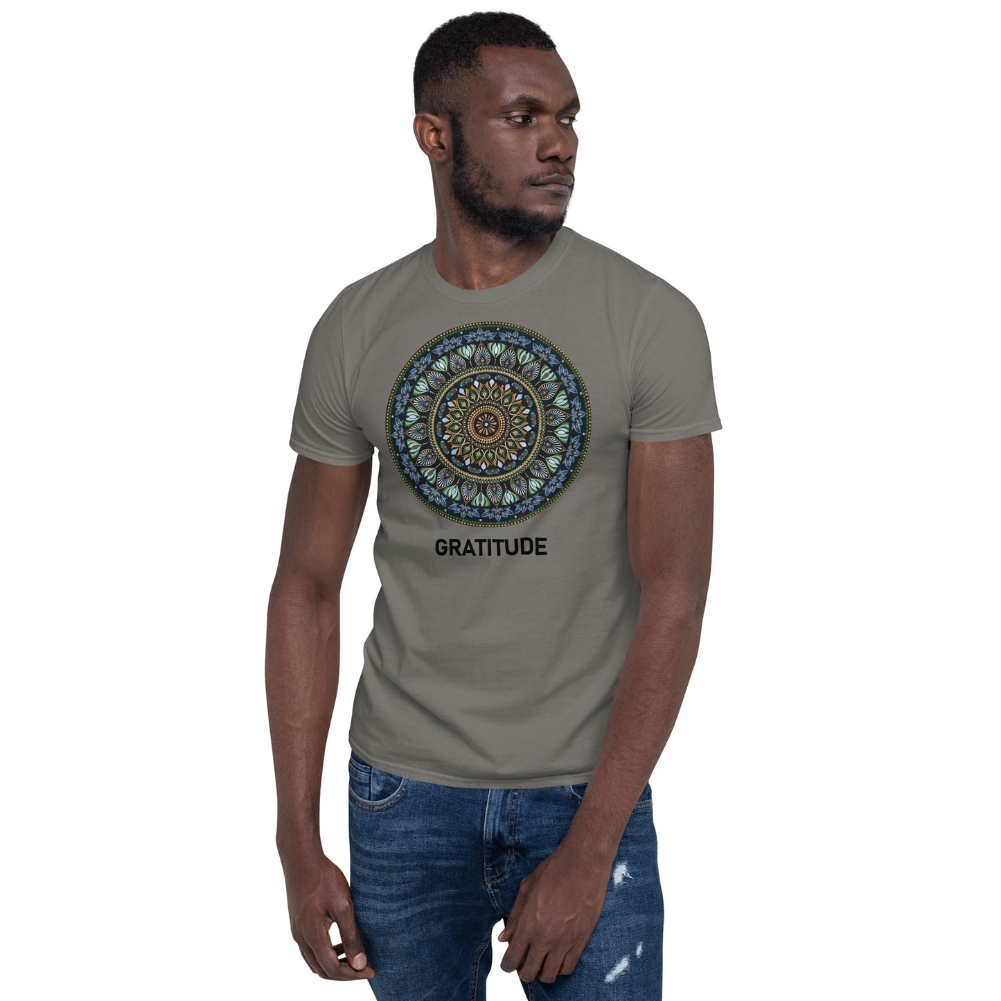 Unisex Softstyle T-Shirt (mandala green and gold rim | on front | GRATITUDE in black lettering)