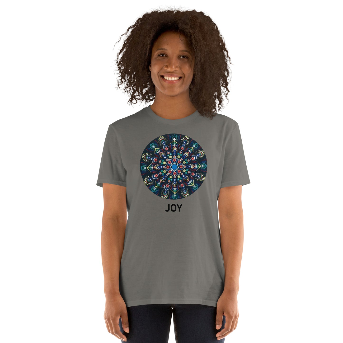 Unisex Softstyle T-Shirt (mandala with colorful dots | on front | JOY in black lettering)