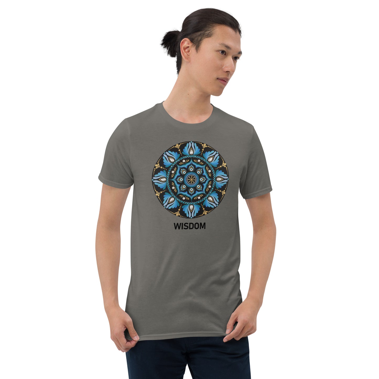 Unisex Softstyle T-Shirt (mandala with spokes in core | on front | WISDOM in black lettering)
