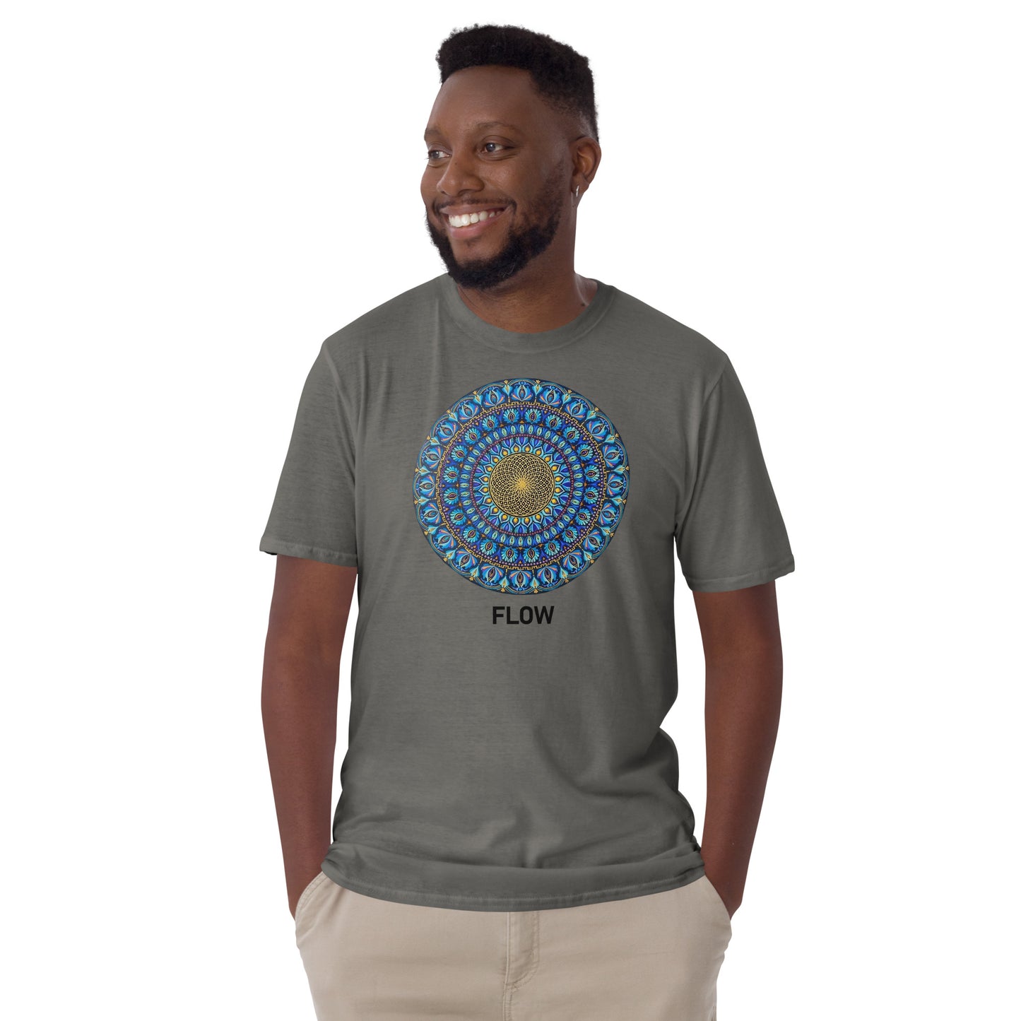 Unisex Softstyle T-Shirt (mandala with golden core | on front | FLOW in black lettering)