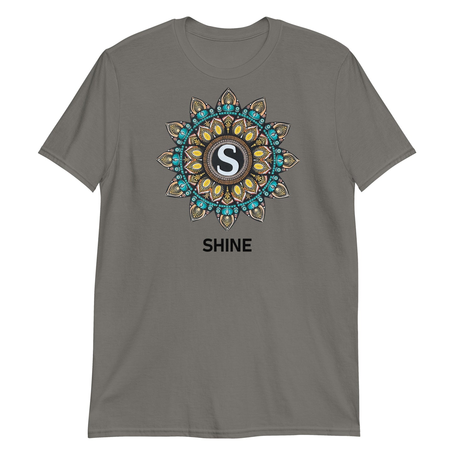 Unisex Softstyle T-Shirt (mandala with "S" in core | on front | SHINE in black lettering)