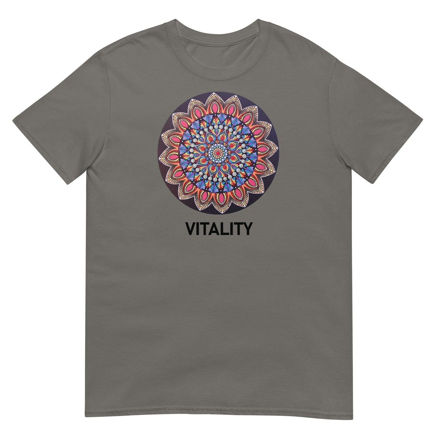 Unisex Softstyle T-Shirt (mandala with pink petals | on front | VITALITY in black lettering)