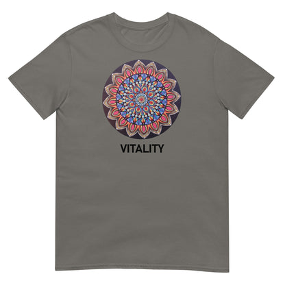 Unisex Softstyle T-Shirt (mandala with pink petals | on front | VITALITY in black lettering)