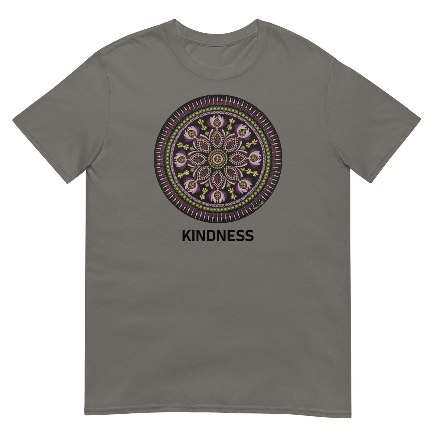 Unisex Softstyle T-Shirt (mandala with magenta rim | on front | KINDNESS in black lettering)