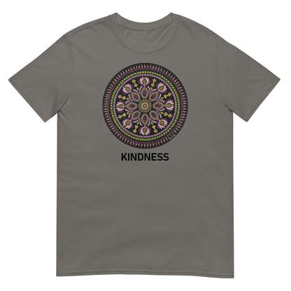 Unisex Softstyle T-Shirt (mandala with magenta rim | on front | KINDNESS in black lettering)