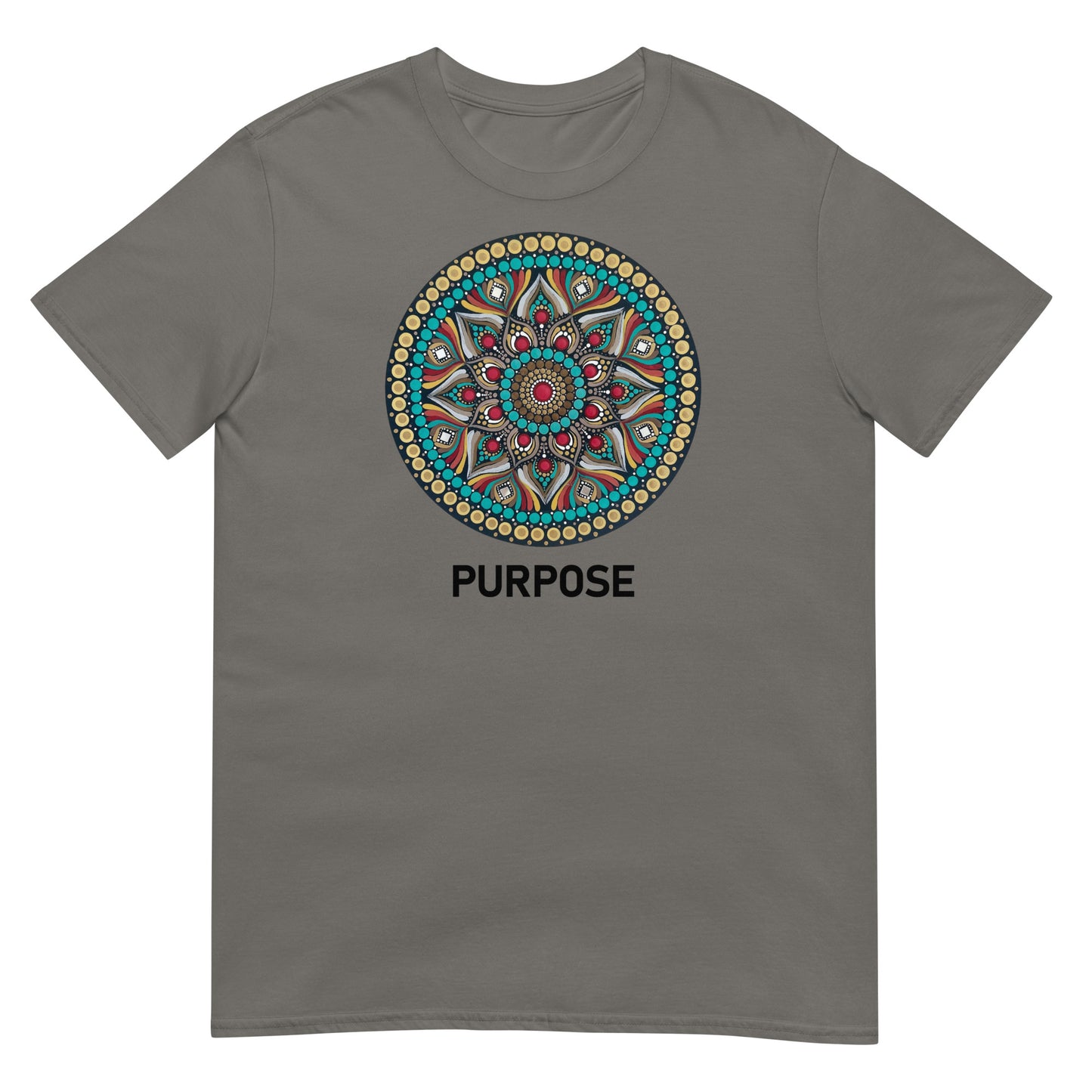 Unisex Softstyle T-Shirt (mandala with red core | on front | PURPOSE in black lettering)