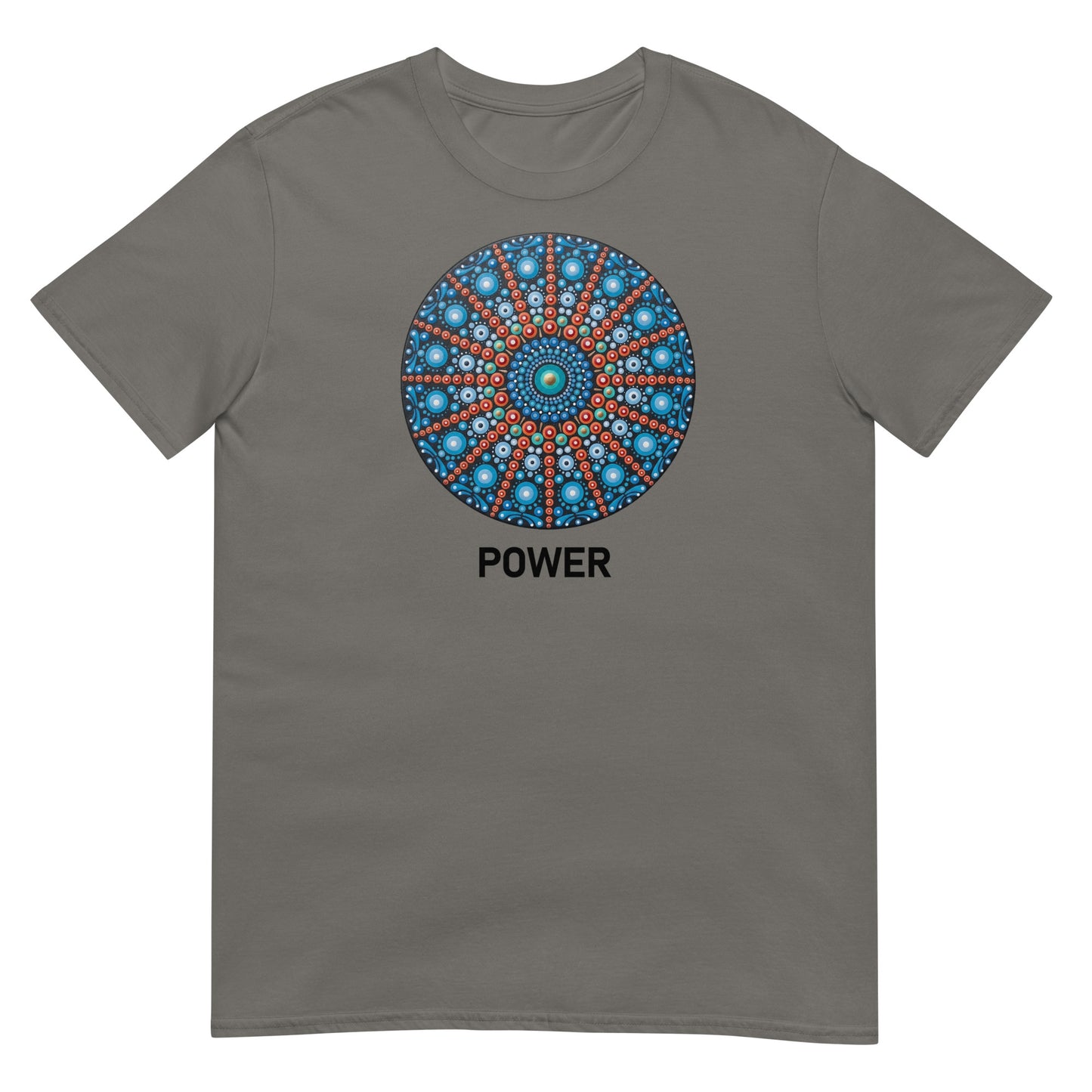 Unisex Softstyle T-Shirt (mandala with red lines | on front | POWER in black lettering)