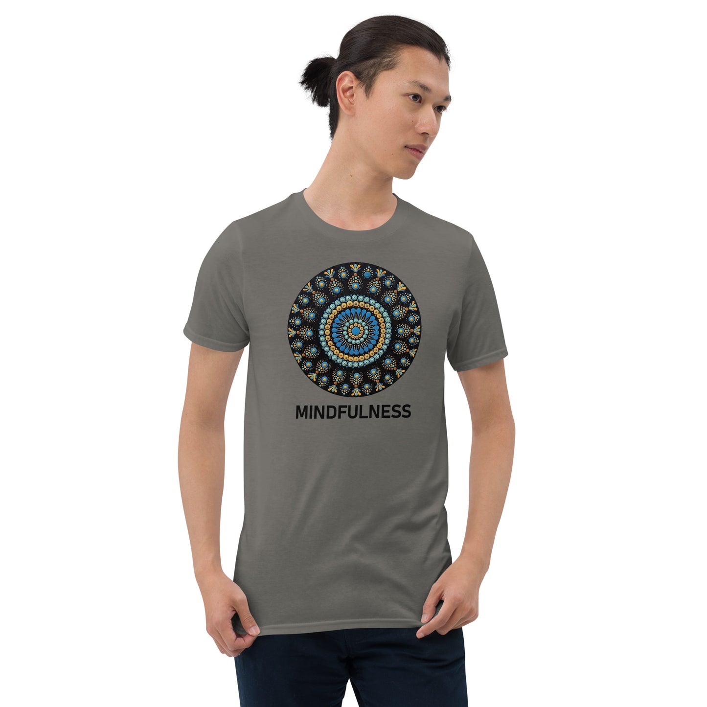 Unisex Softstyle T-Shirt (mandala with blue dots and black back | on front | MINDFULNESS in black lettering)