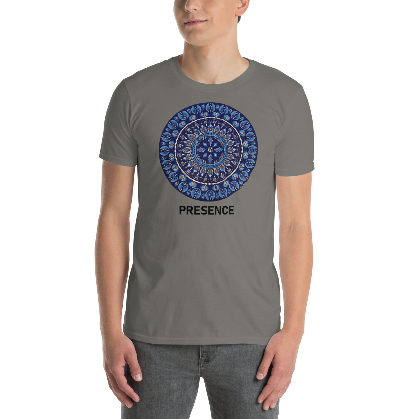 Unisex Softstyle T-Shirt (mandala with 4 diamonds | on front | PRESENCE in black lettering)
