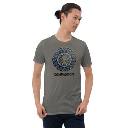 Unisex Softstyle T-Shirt (mandala with gold rim | on front | COMPASSION in black lettering)