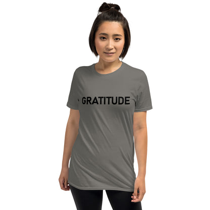 Unisex Softstyle T-Shirt (mandala green and gold rim on back | GRATITUDE in black lettering on front)