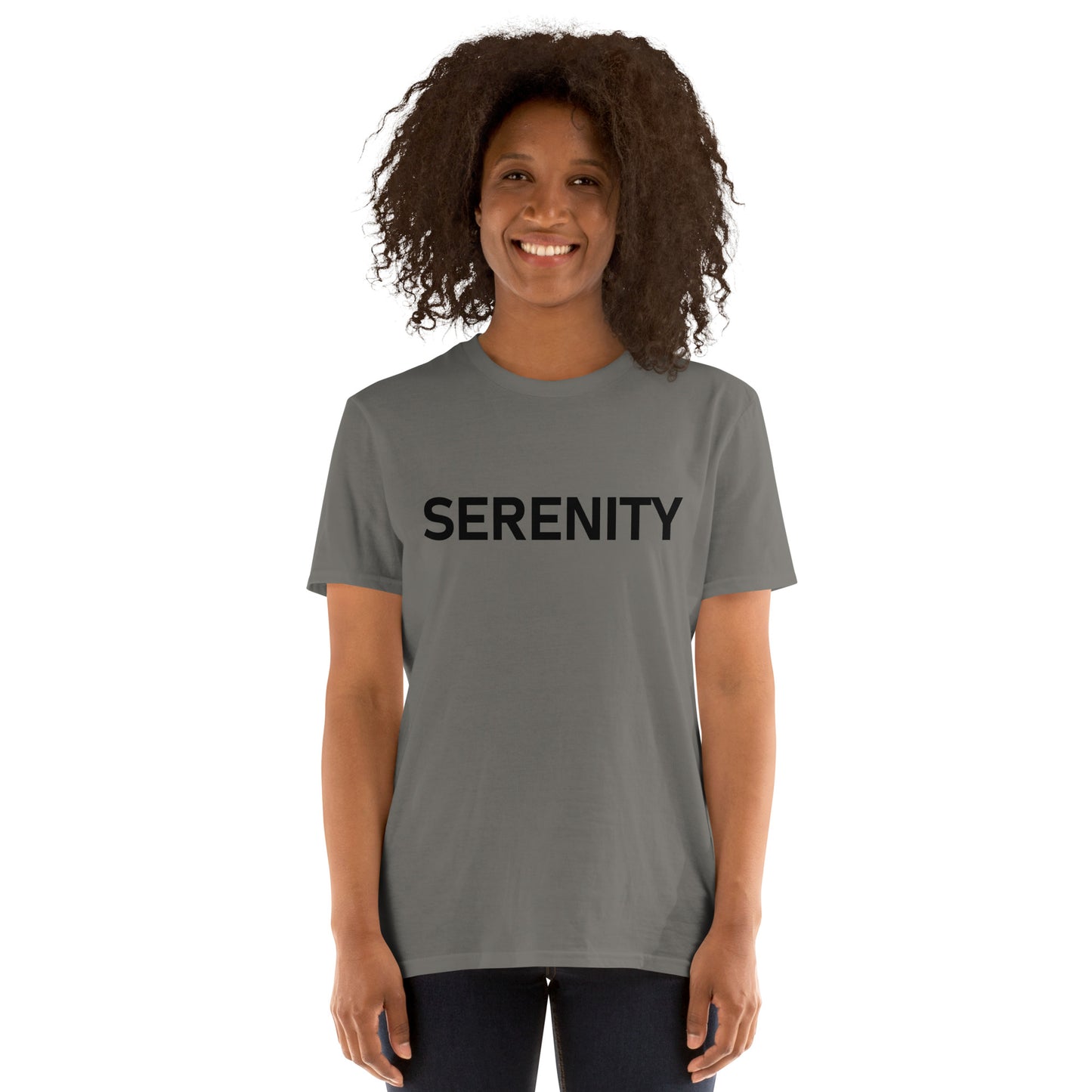 Unisex Softstyle T-Shirt (mandala with blue and white core on back | SERENITY in black lettering on front)