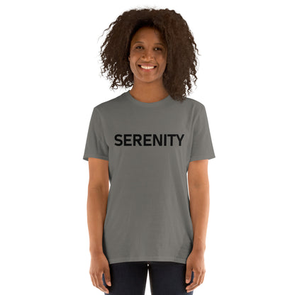 Unisex Softstyle T-Shirt (mandala with blue and white core on back | SERENITY in black lettering on front)