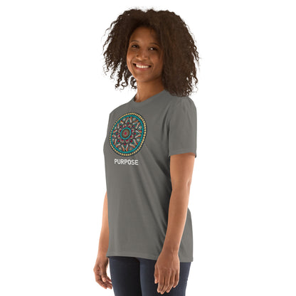 Unisex Softstyle T-Shirt (mandala with red core on front | PURPOSE in white lettering)