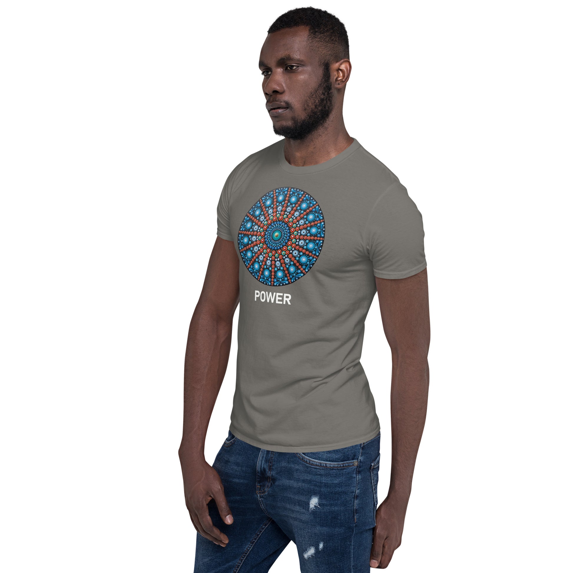 Unisex Softstyle T-Shirt (mandala with red lines | on front | POWER in white lettering)
