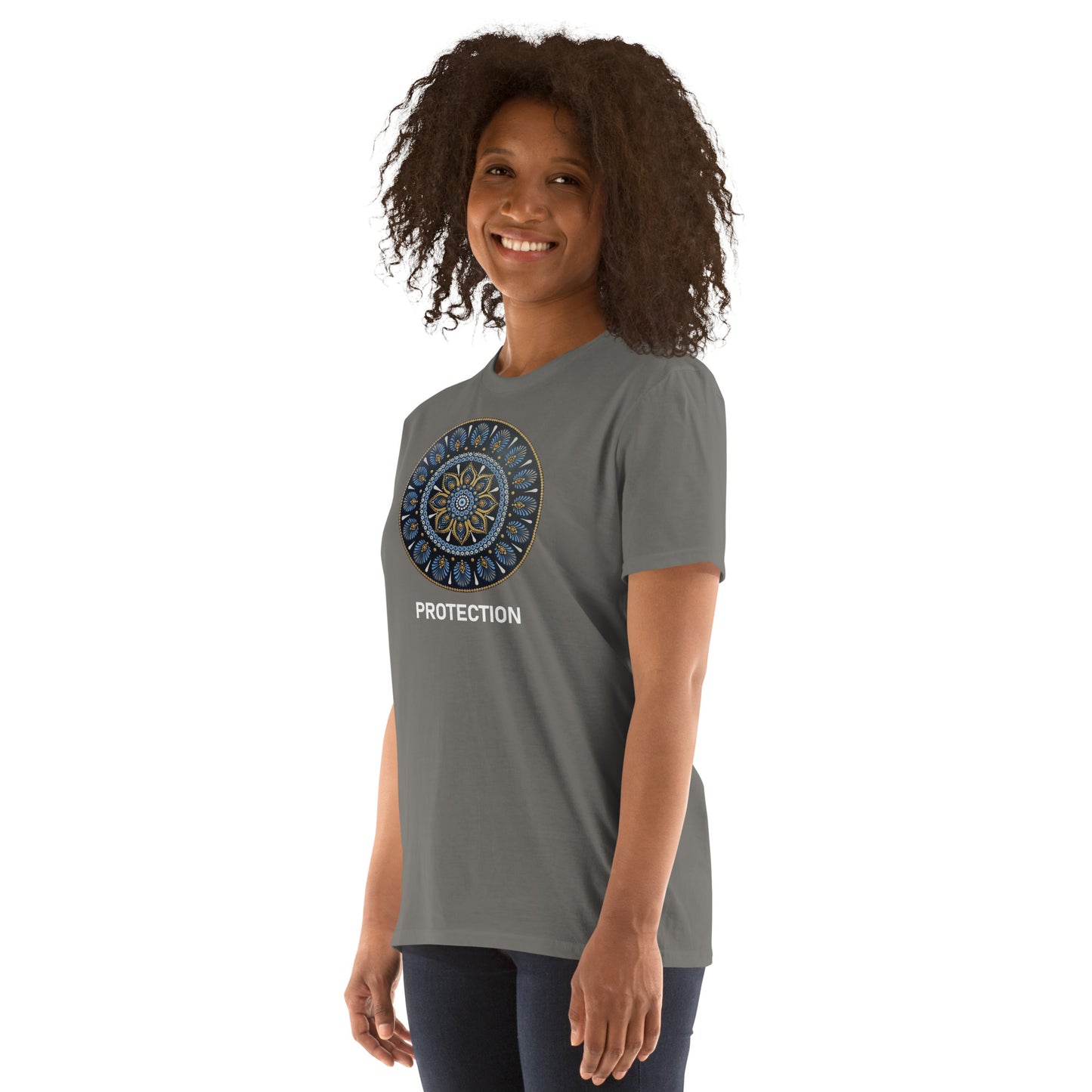 Unisex Softstyle T-Shirt (mandala with gold rim | on front | PROTECTION in white lettering)