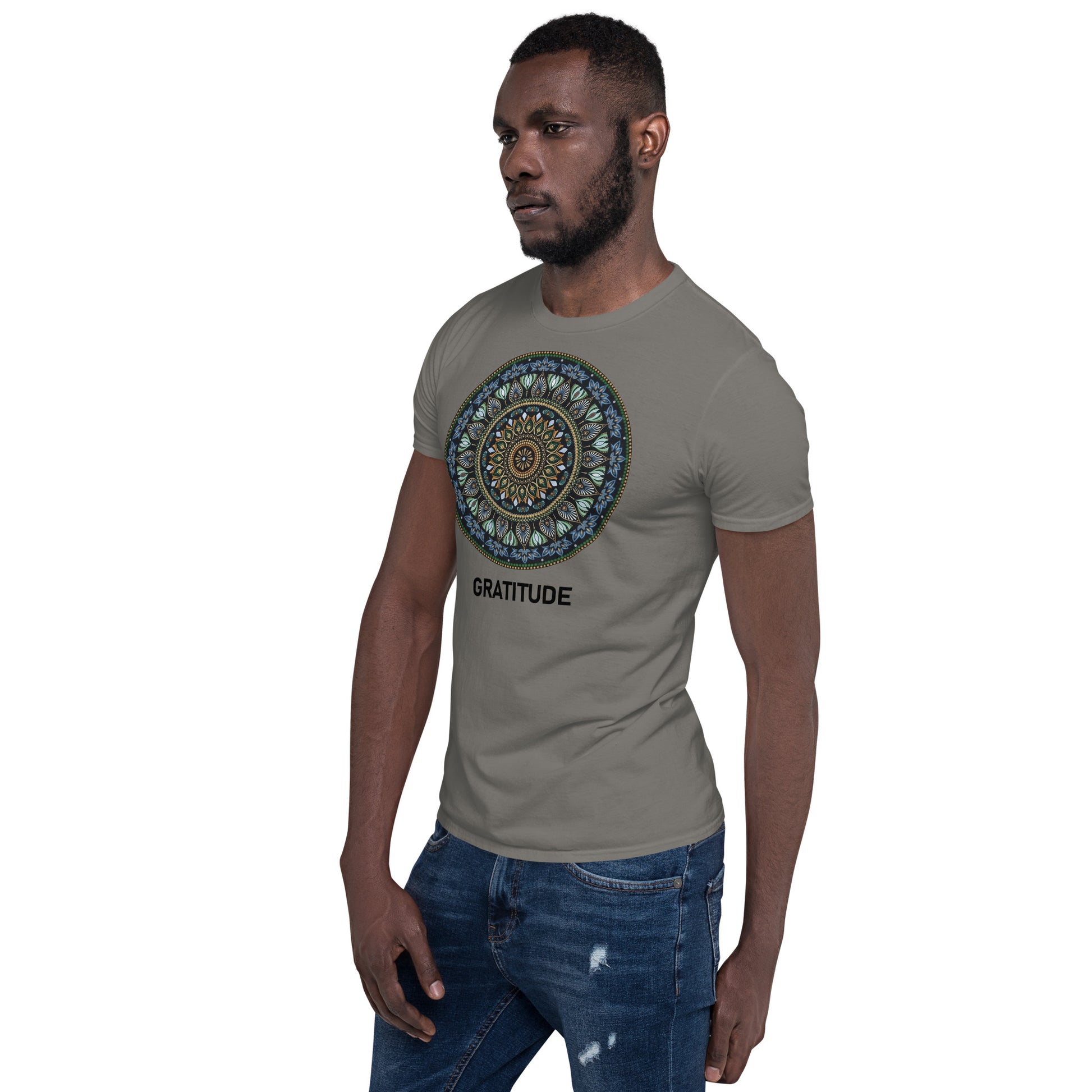Unisex Softstyle T-Shirt (mandala green and gold rim | on front | GRATITUDE in black lettering)