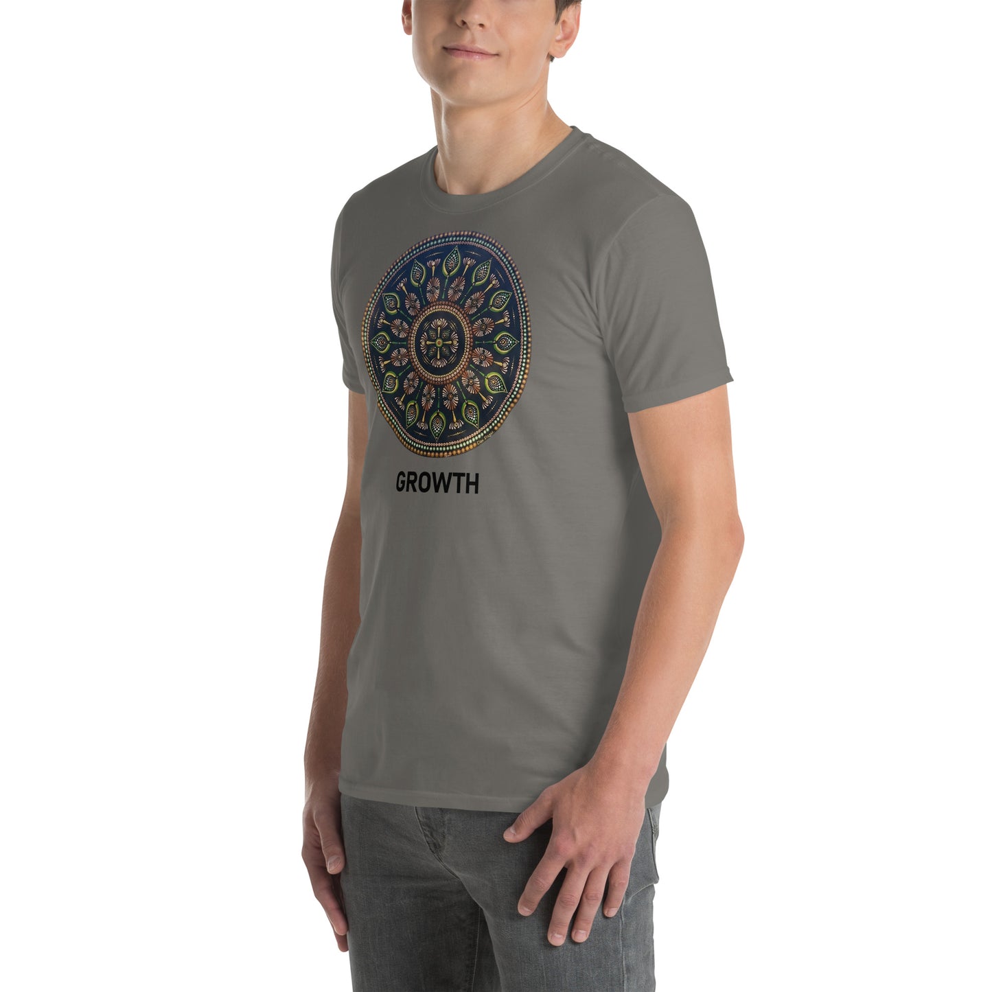 Unisex Softstyle T-Shirt (mandala with cross in the core | on front | GROWTH in black lettering)