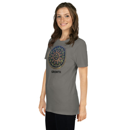 Unisex Softstyle T-Shirt (mandala with cross in the core | on front | GROWTH in black lettering)