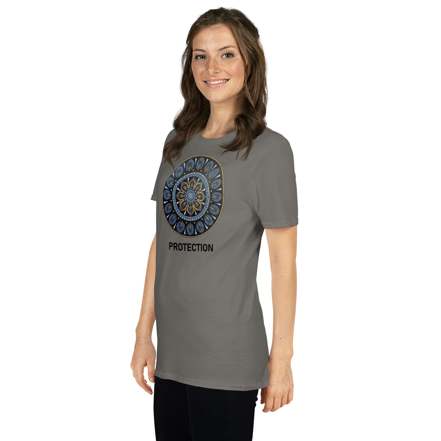 Unisex Softstyle T-Shirt (mandala with gold outer rim | on front | PROTECTION in black lettering)