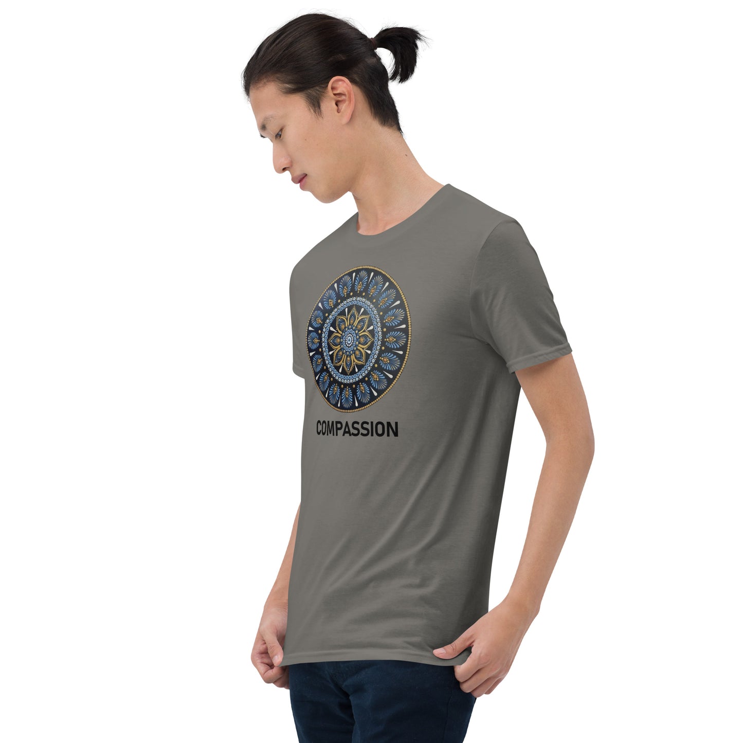 Unisex Softstyle T-Shirt (mandala with gold rim | on front | COMPASSION in black lettering)