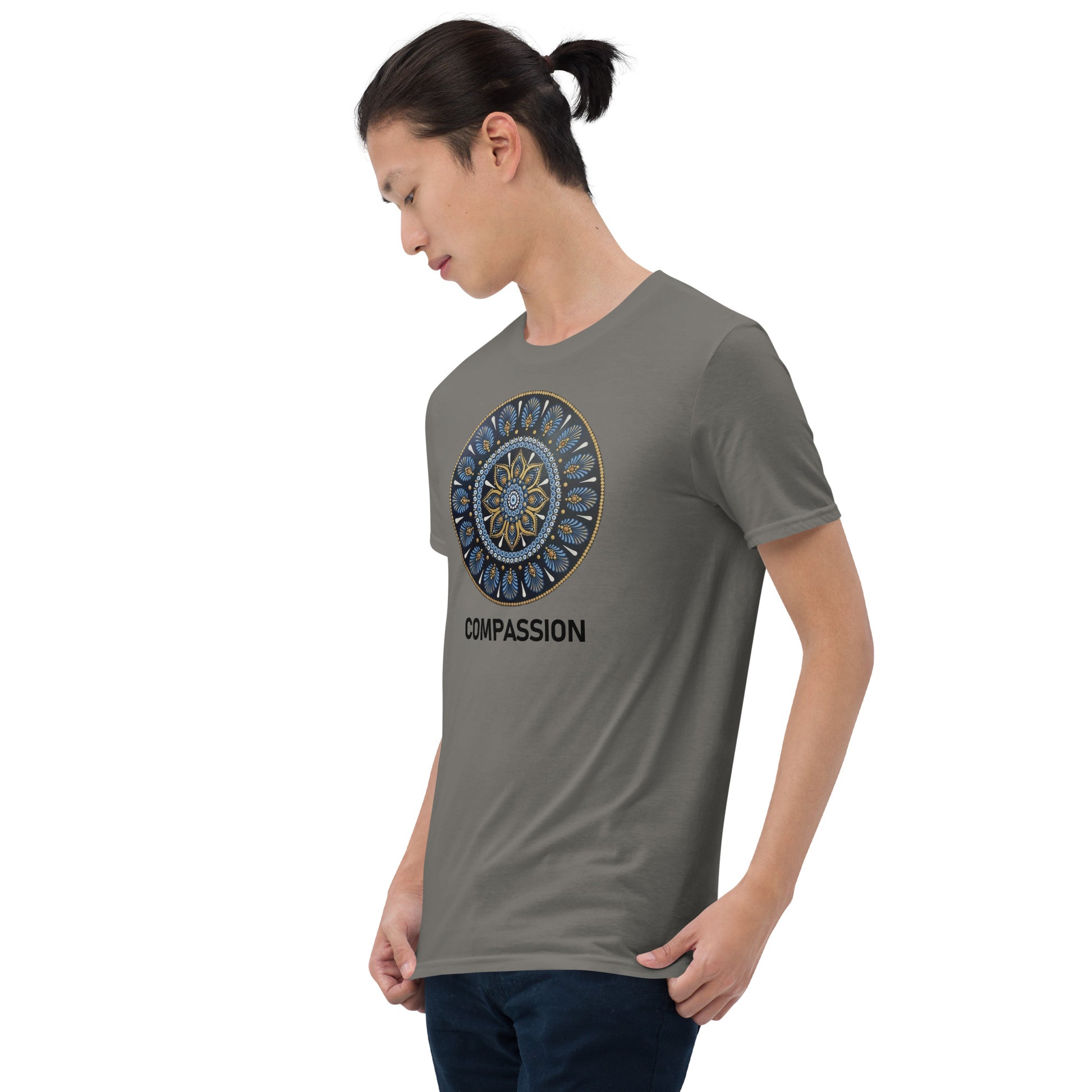 Unisex Softstyle T-Shirt (mandala with gold rim | on front | COMPASSION in black lettering)