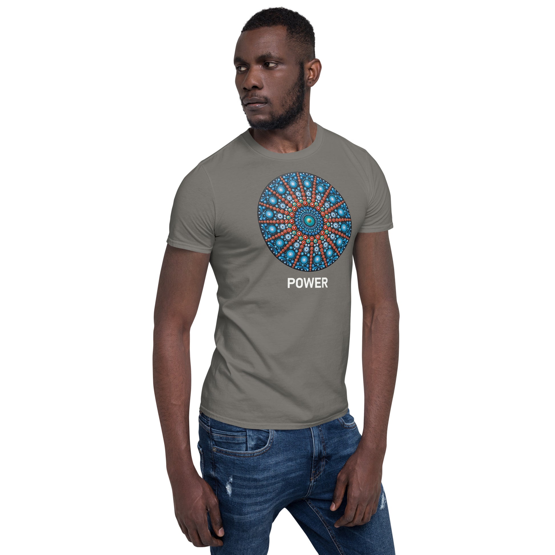 Unisex Softstyle T-Shirt (mandala with red lines | on front | POWER in white lettering)