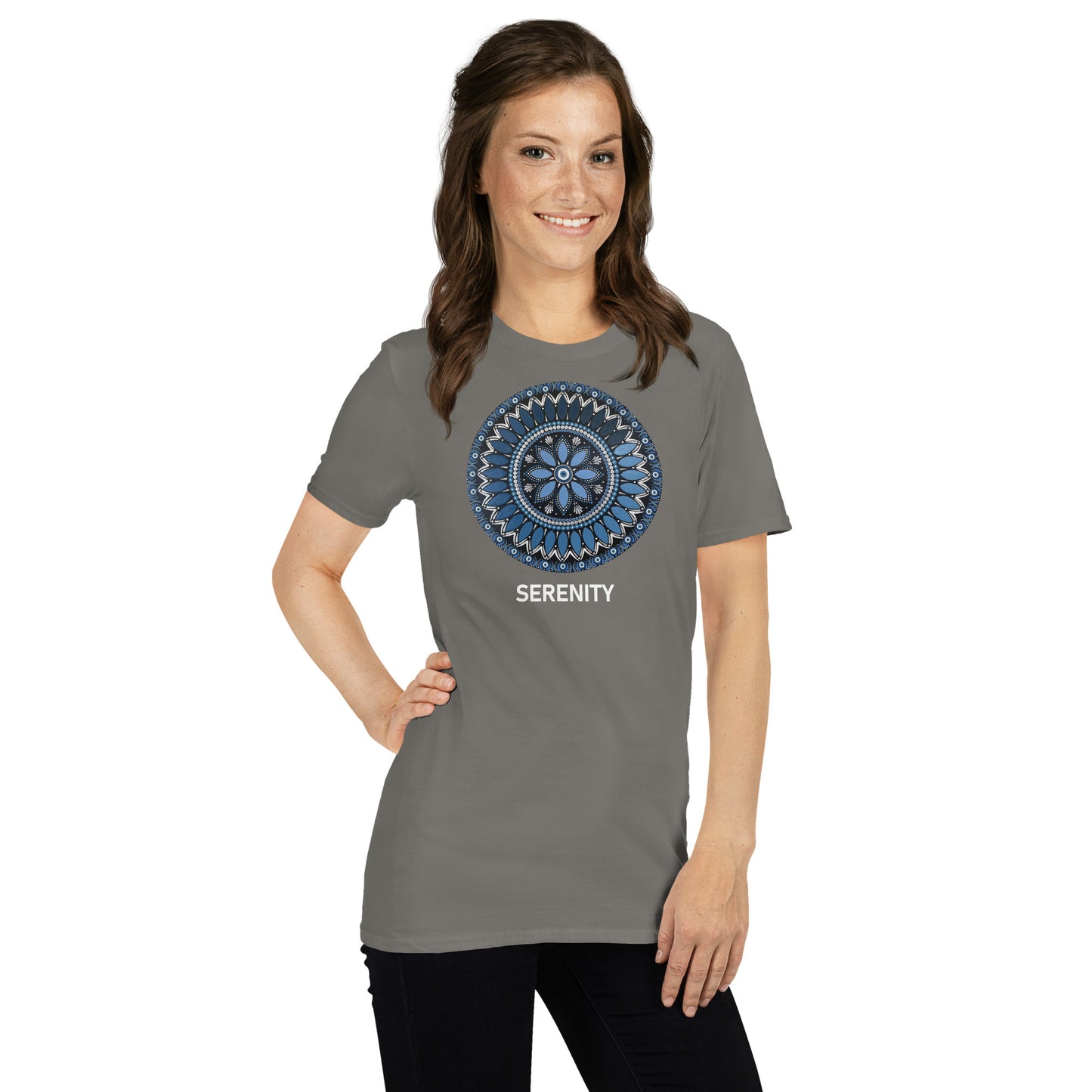 Unisex Softstyle T-Shirt (mandala with blue and white core | on front | SERENITY in white lettering)