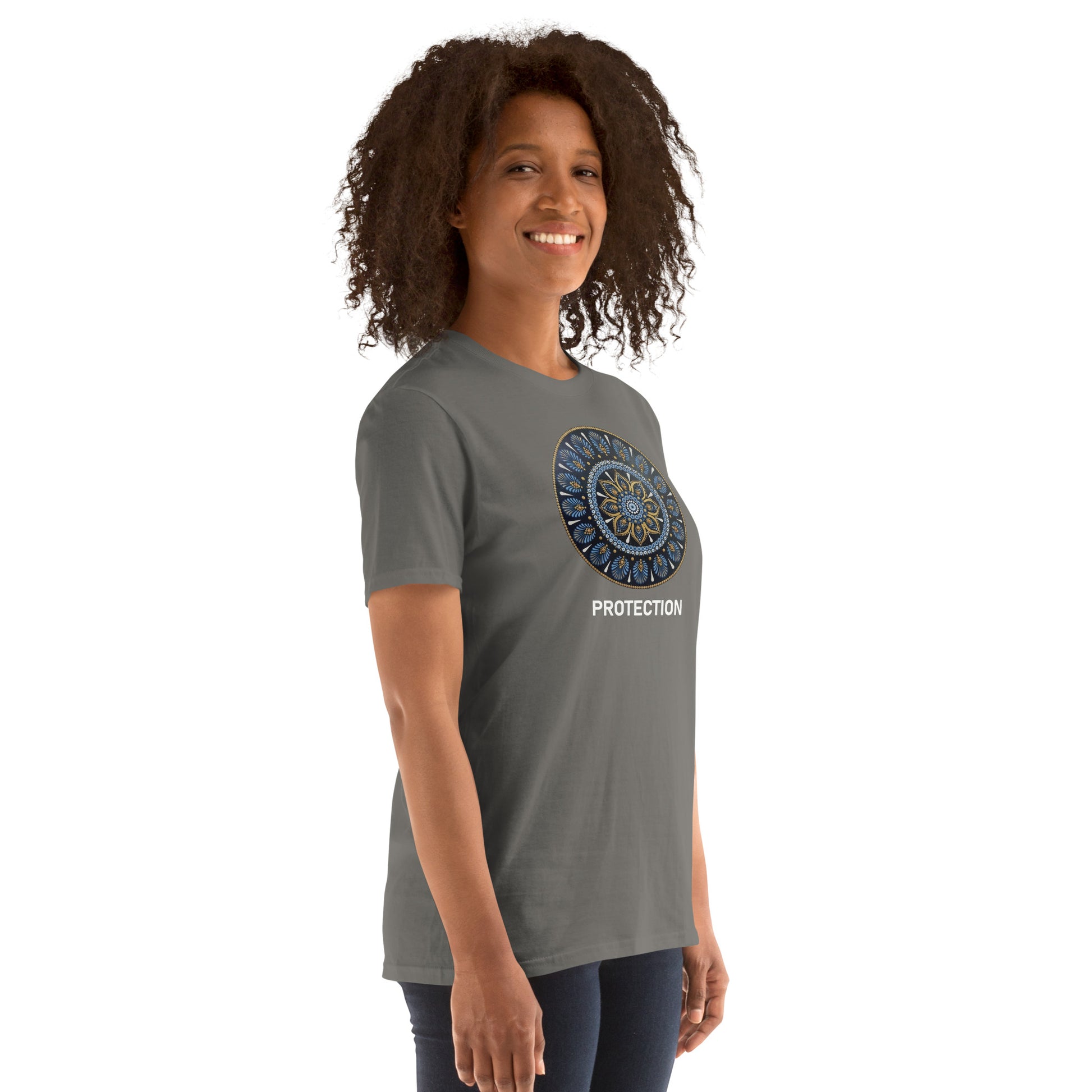 Unisex Softstyle T-Shirt (mandala with gold rim | on front | PROTECTION in white lettering)