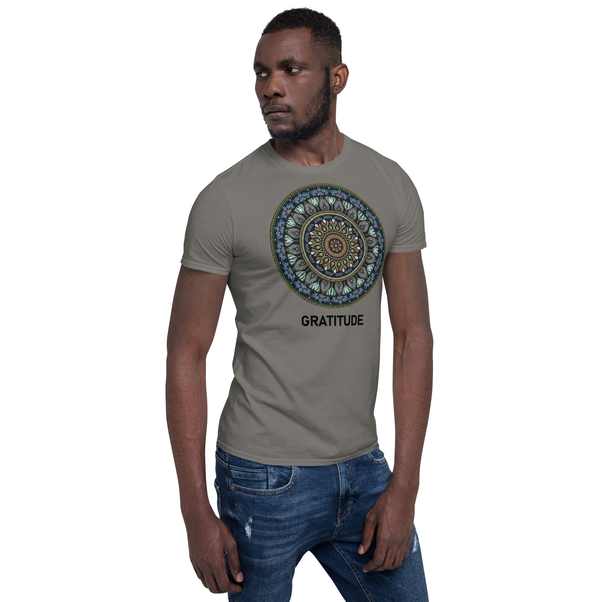 Unisex Softstyle T-Shirt (mandala green and gold rim | on front | GRATITUDE in black lettering)