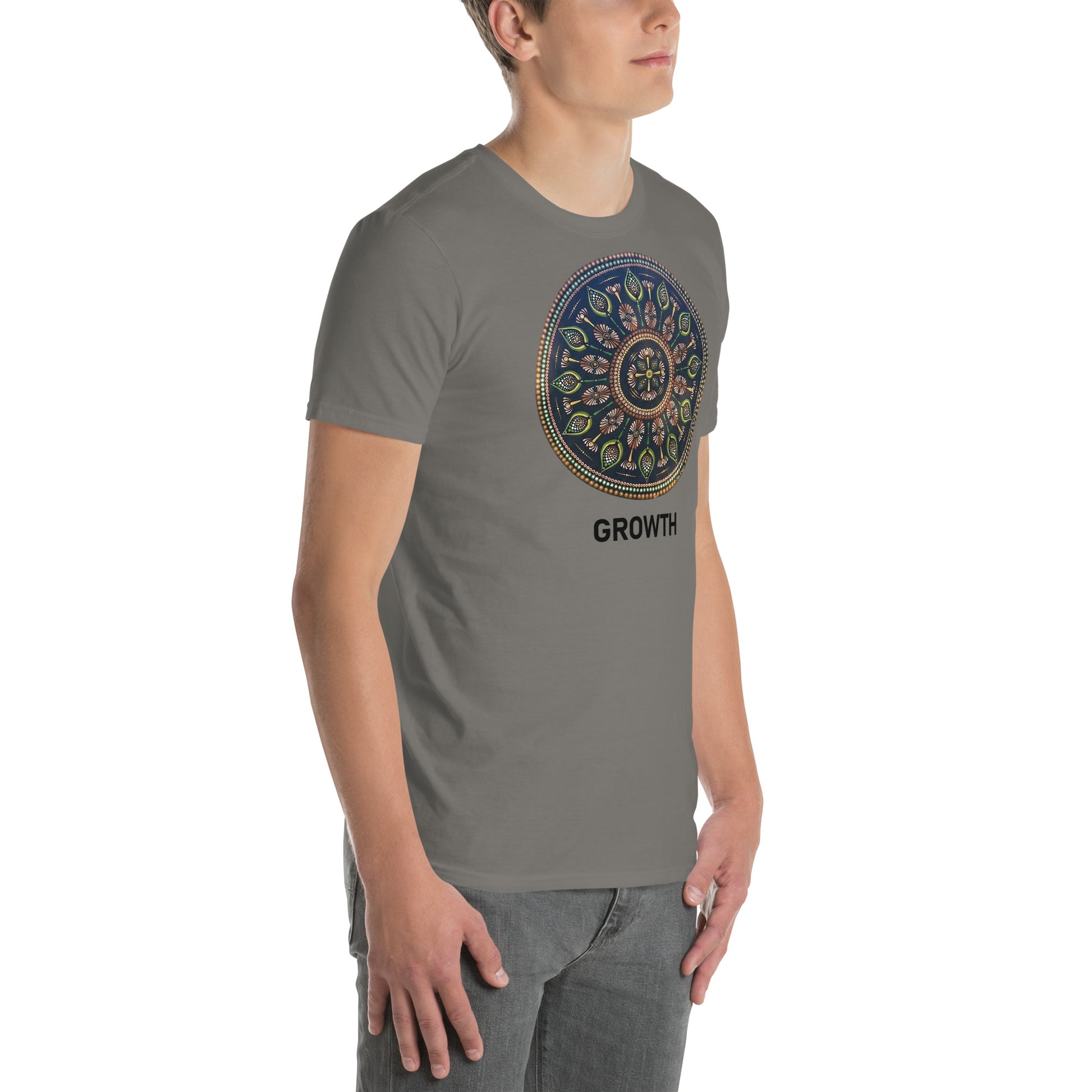 Unisex Softstyle T-Shirt (mandala with cross in the core | on front | GROWTH in black lettering)