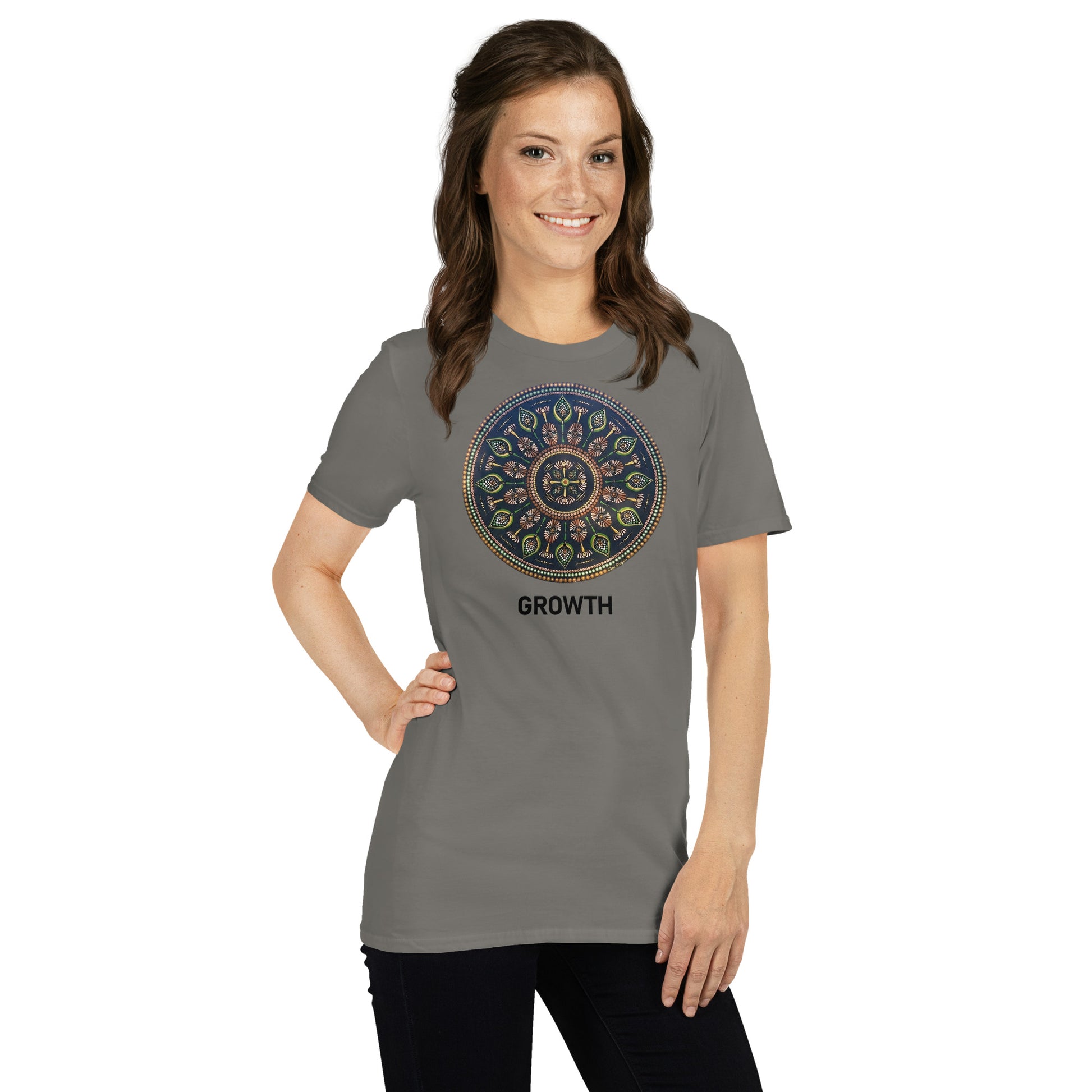 Unisex Softstyle T-Shirt (mandala with cross in the core | on front | GROWTH in black lettering)