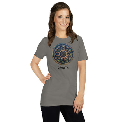 Unisex Softstyle T-Shirt (mandala with cross in the core | on front | GROWTH in black lettering)