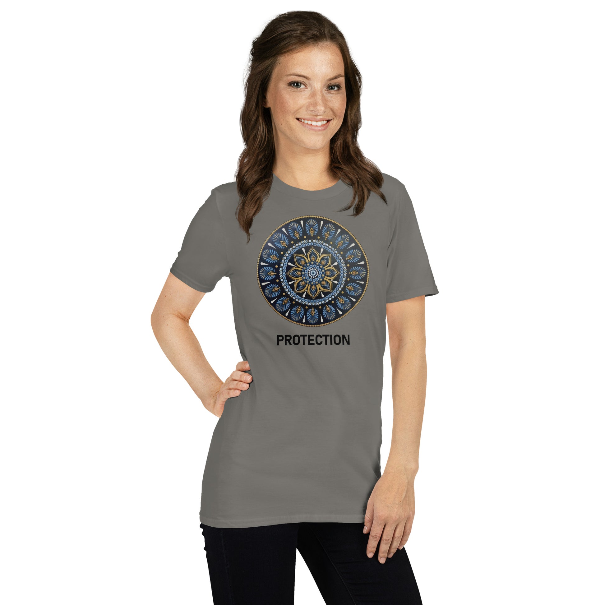 Unisex Softstyle T-Shirt (mandala with gold outer rim | on front | PROTECTION in black lettering)
