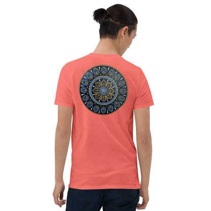 Unisex Softstyle T-Shirt (mandala with gold rim on back | PROTECTION in black lettering on front)