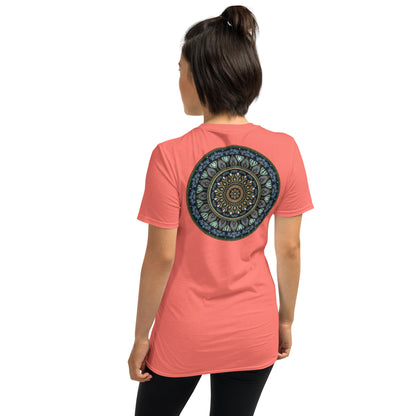 Unisex Softstyle T-Shirt (mandala green and gold rim on back | GRATITUDE in black lettering on front)