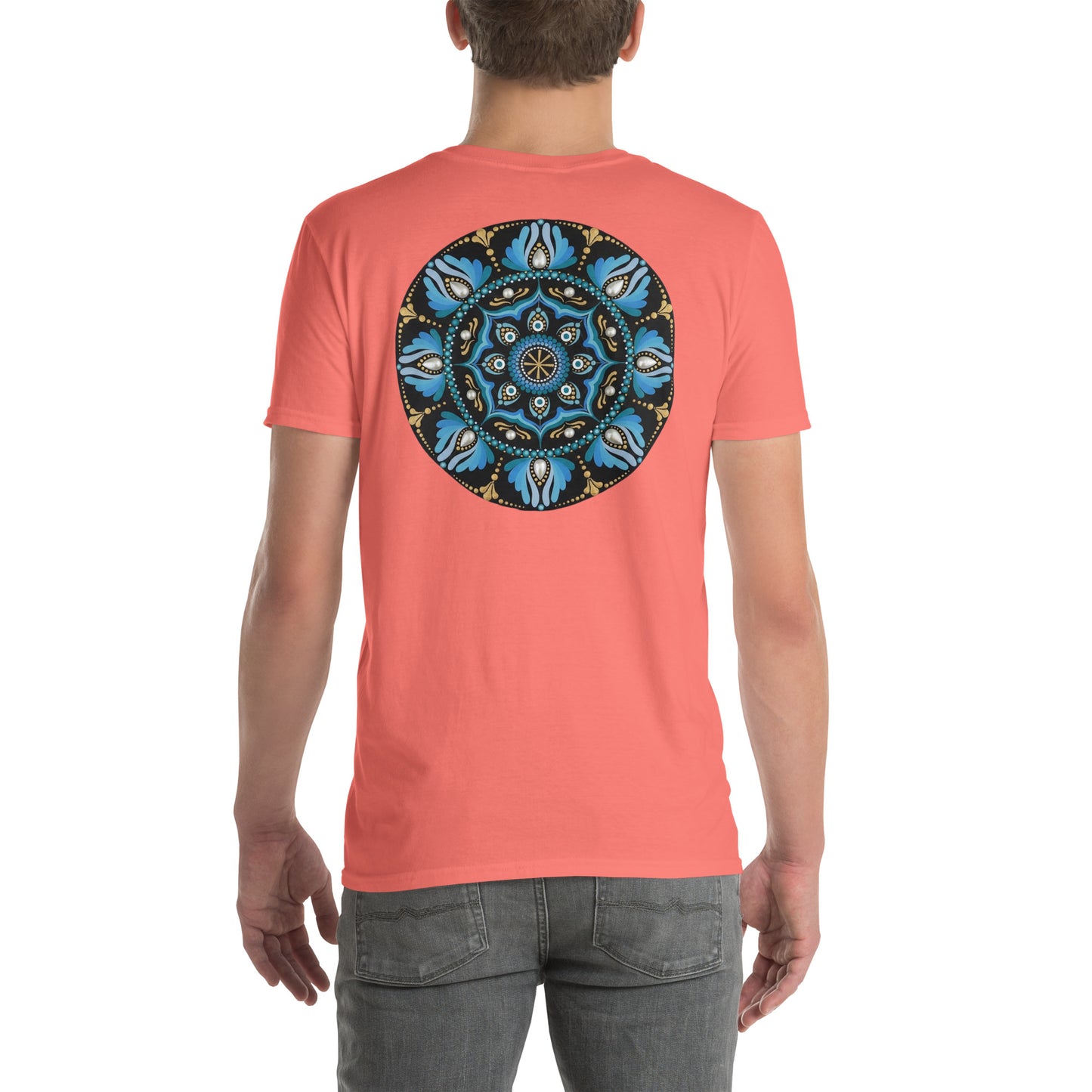 Unisex Softstyle T-Shirt (mandala with spokes in core on back | WISDOM in black lettering on front)